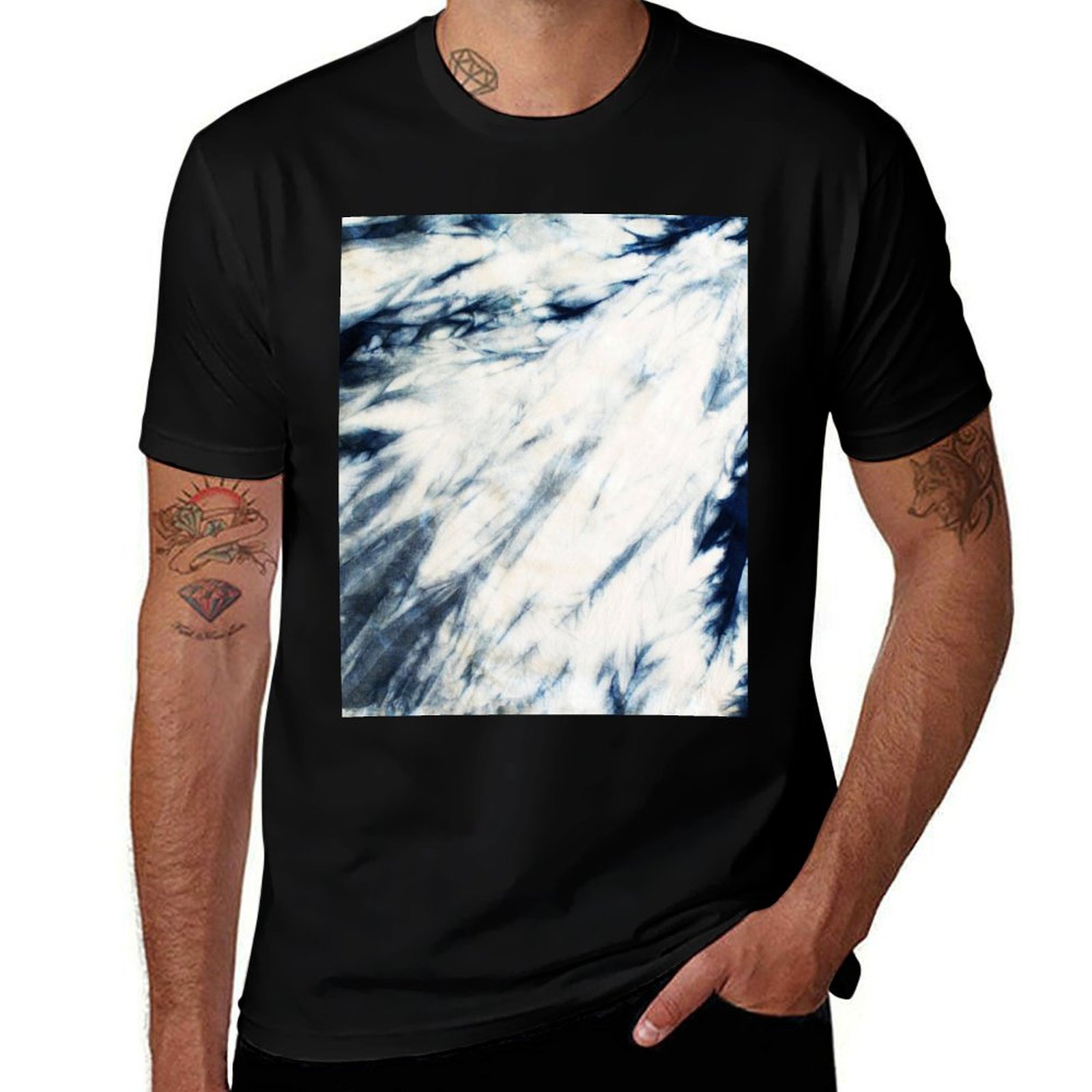 Shibori Tie Dye - 織り染めのインディゴ大理石模様Tシャツ。伸縮性に優れたスポーツ用Tシャツ。