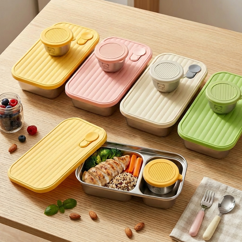 Bento Box Two Tier - ポータブルフルーツサラダ食品容器子供学生用積み重ね可能な 304 ステンレス鋼弁当箱ソースボックス付き電子レンジ対応