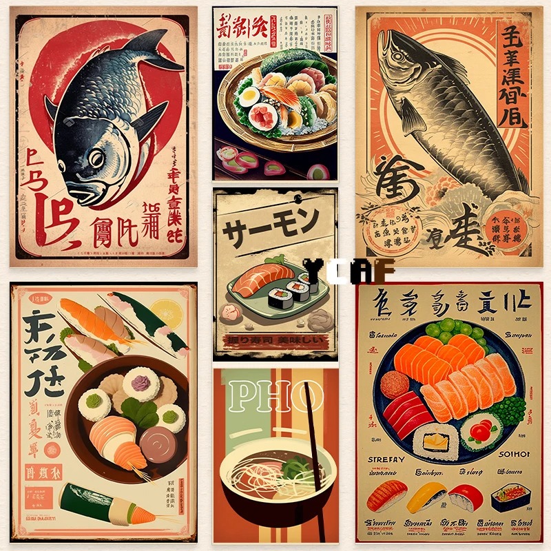 Japanese Food Lifestyle - 和風食品ポスター,キャンバスプリント,ヴィンテージ,魚,寿司,室内装飾