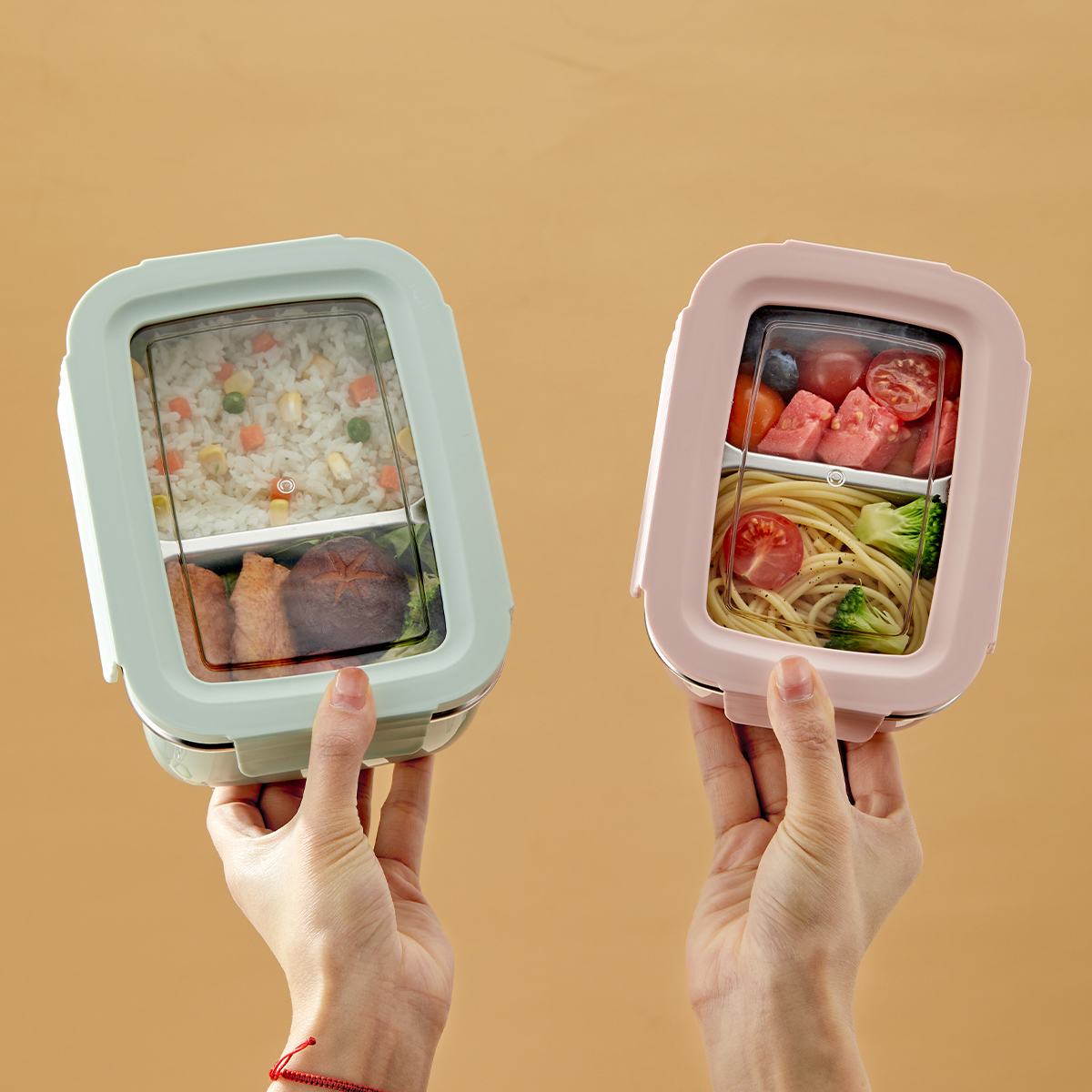 Bento Box Two Tier - 電子レンジ 304 ステンレス鋼コンパートメント弁当箱積み重ね可能な漏れ防止学生弁当箱食品容器冷たいと温かい食品用