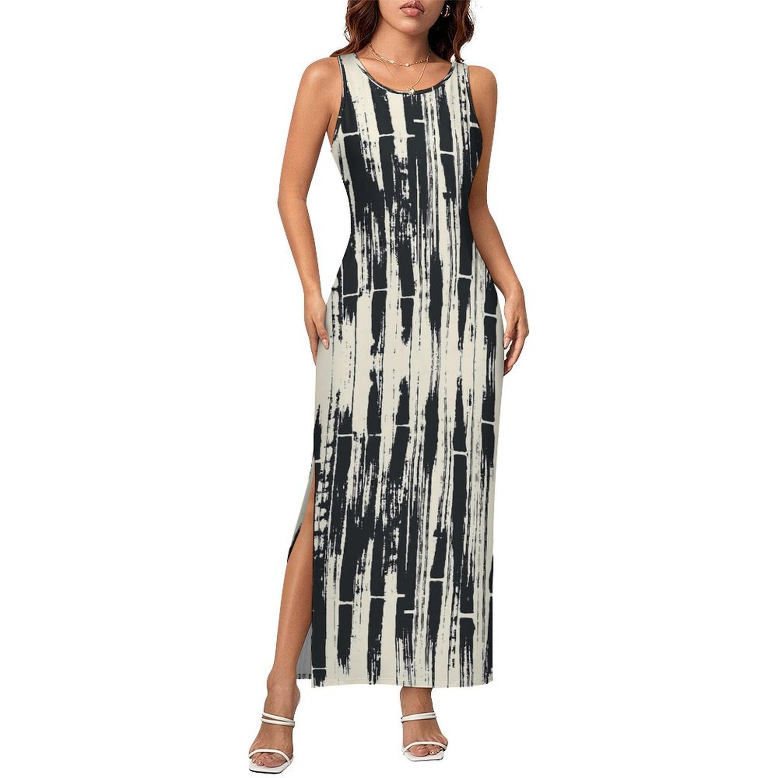 Shibori Tie Dye - ブラックタイダイドレス ノースリーブ シボリプリント ストリートファッション マキシドレス クラブパーティー