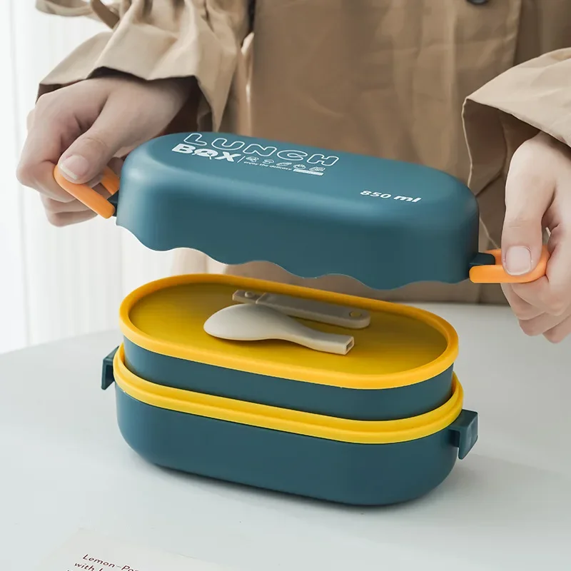 Bento Box Two Tier - スプーンバックル付きの2層プラスチックコンパートメント弁当箱、漏れ防止食品貯蔵容器、密閉ピクニックボックス、850ml