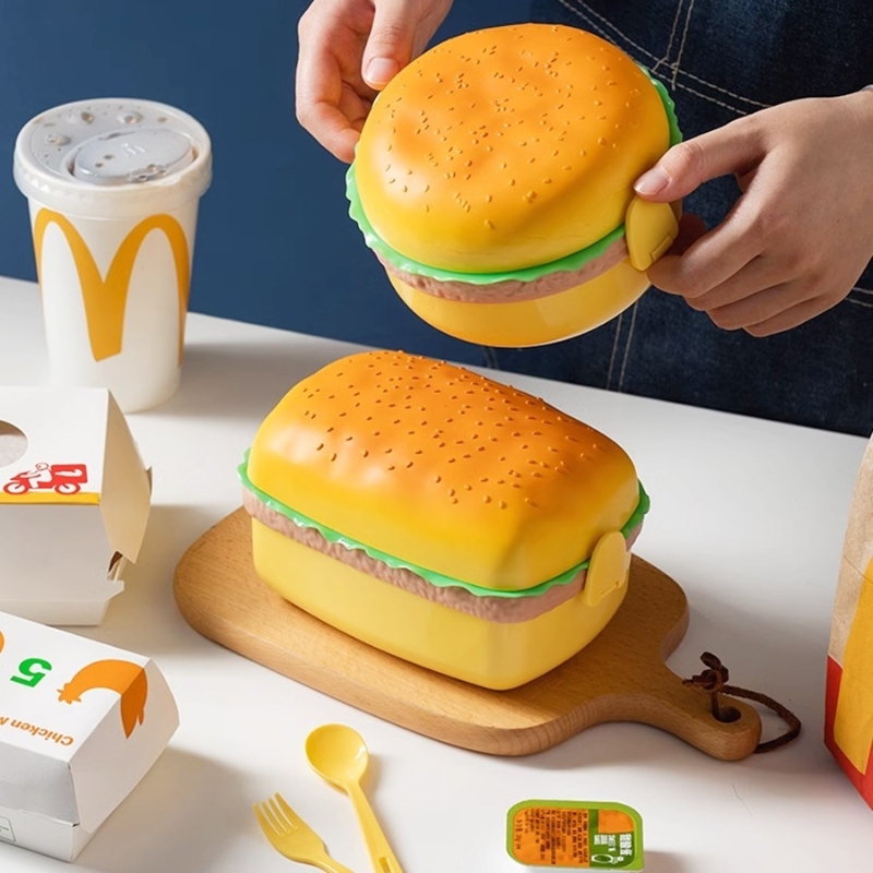 Bento Box Two Tier - ハンバーガー弁当箱二段かわいいハンバーガー弁当箱電子レンジ子供学校食事食品容器フォーク食器セットギフト