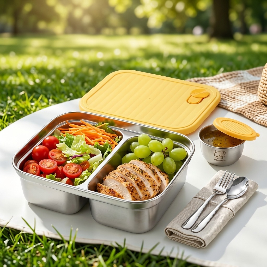 Bento Box Two Tier - 304ステンレス製ランチ容器、子供や学生向けの携帯用密閉ランチボックス、フルーツサラダ用食品保存容器、ソースボックス付き
