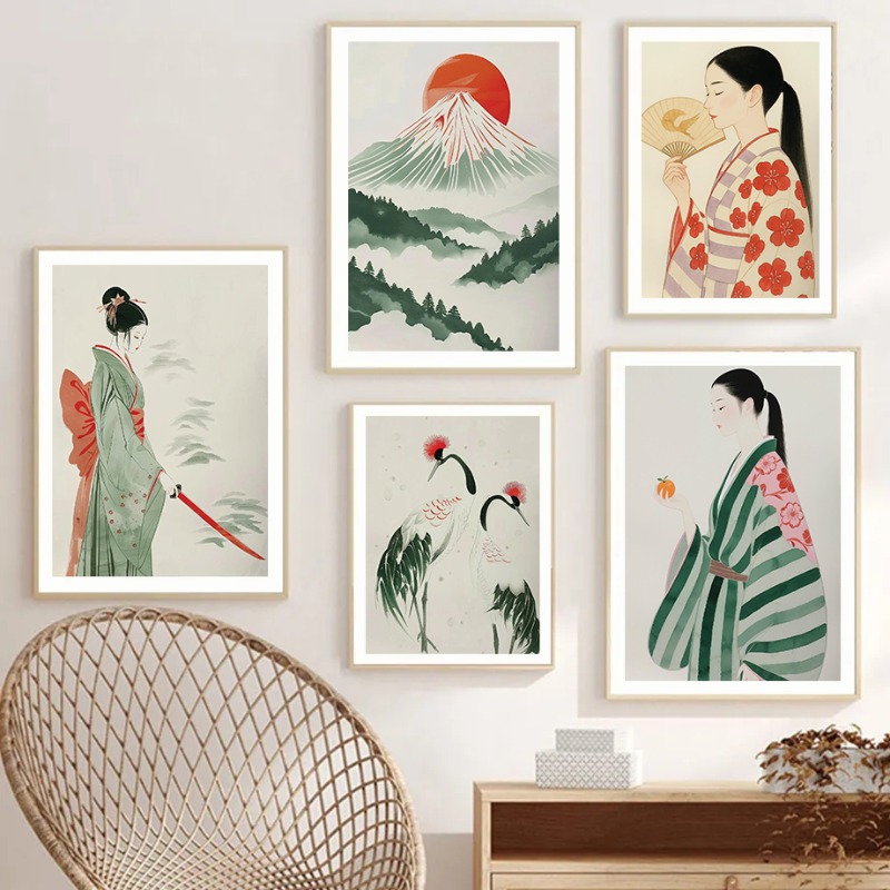 Japanese Zen Lifestyle - 富士山と鶴日本の壁プリント現代ミニマリスト風景アート伝統的なアジアの自然ポスター禅家の装飾