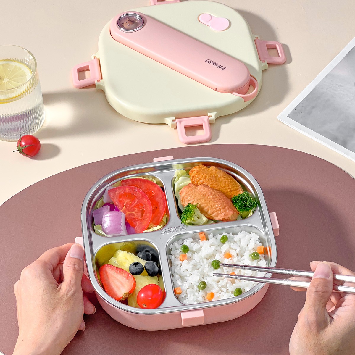 3/4 グリッド 304 ステンレス鋼の正方形ランチボックス - Bento Box Two Tier のレビューと価格