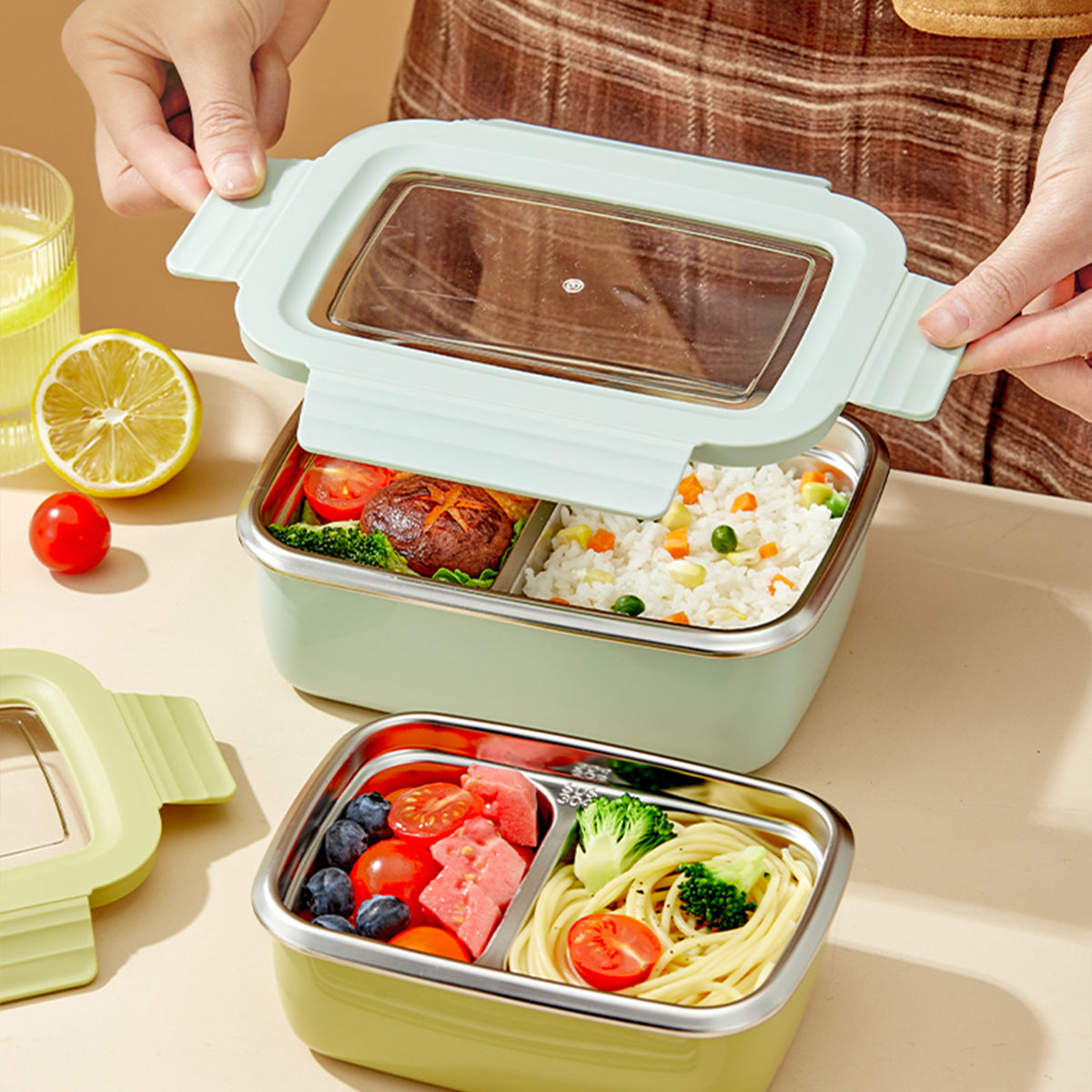 電子レンジ 304 ステンレス鋼コンパートメント弁当箱積み重 - Bento Box Two Tier のレビューと価格