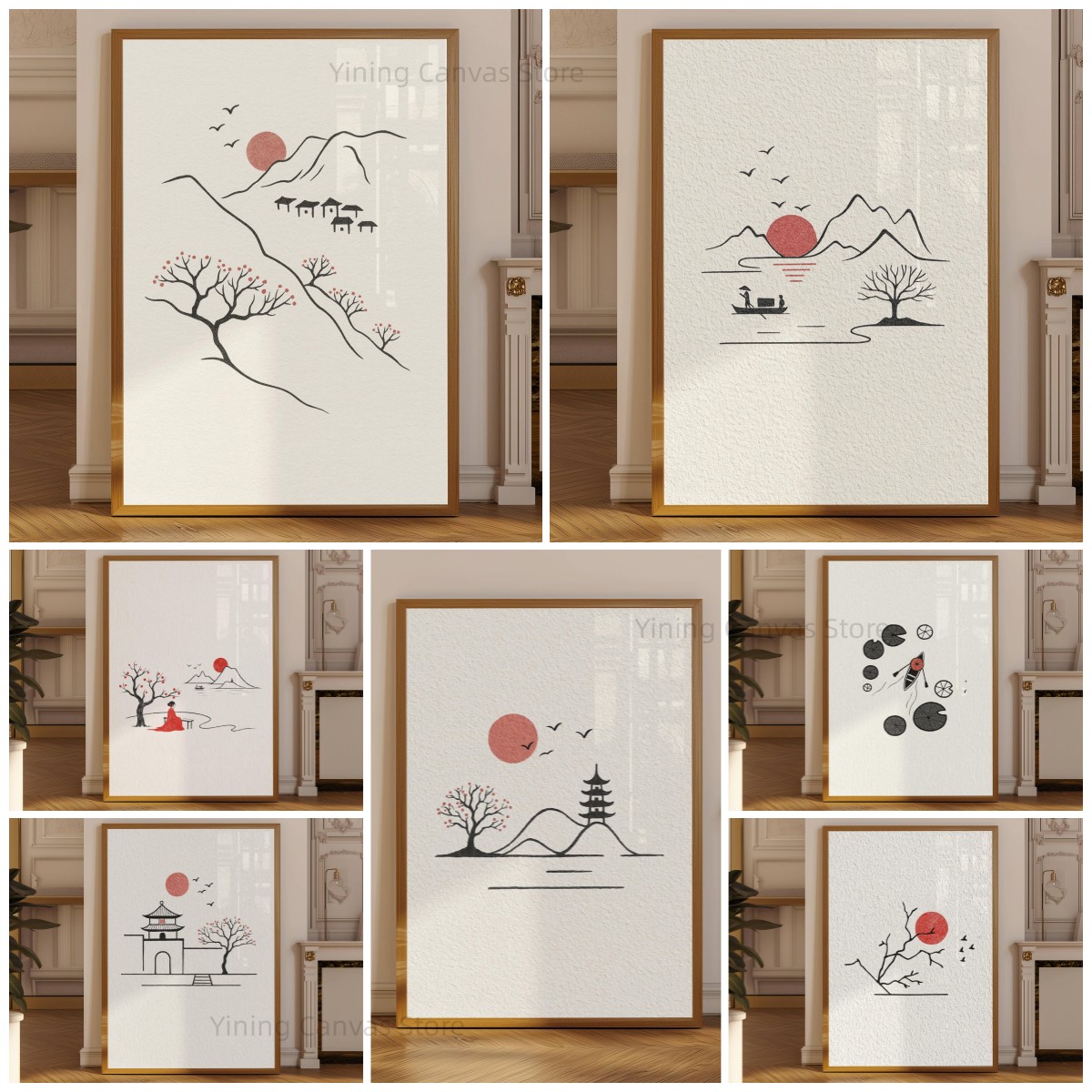 ミニマリストの日本水墨画ポスター、鳥の絵が描かれた赤い太陽の - Japanese Zen Lifestyle のレビューと価格