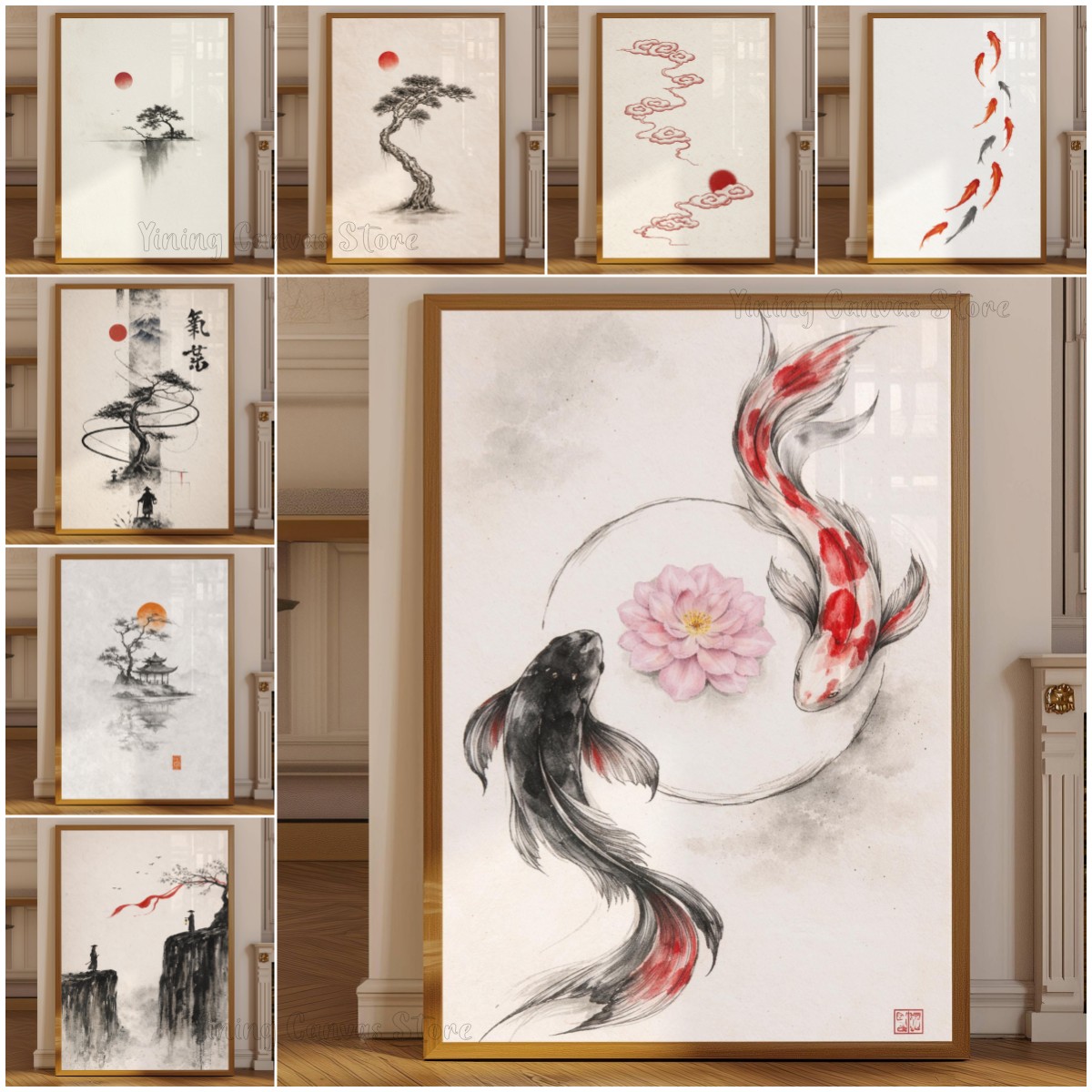 水墨山水ポスター、墨絵塔壁アート、ミニマル禅水彩プリント、霧 - Japanese Zen Lifestyle のレビューと価格