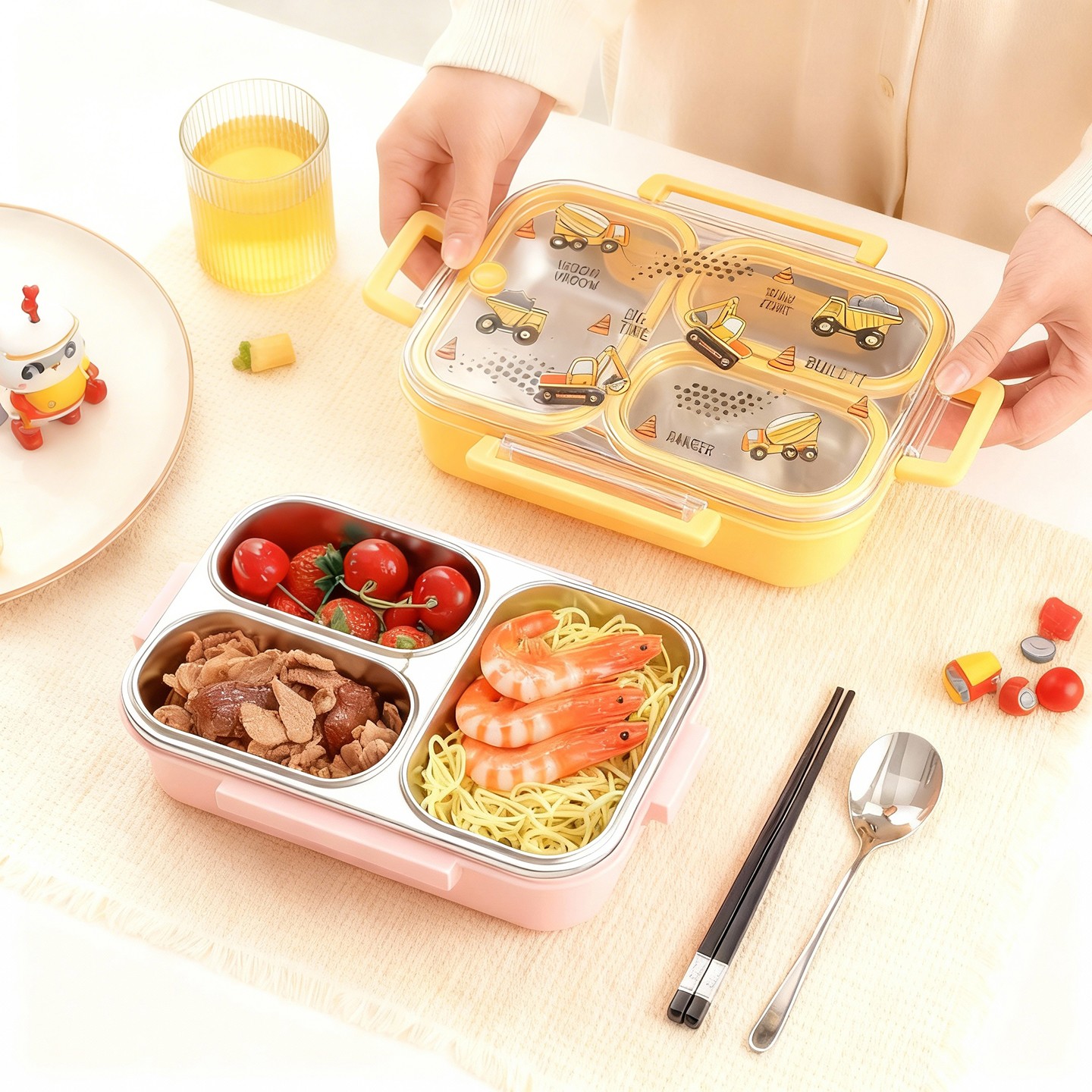 大容量漫画柄子供用ランチボックス、ハンドル付き、持ち運び可能 - Bento Box Two Tier のレビューと価格