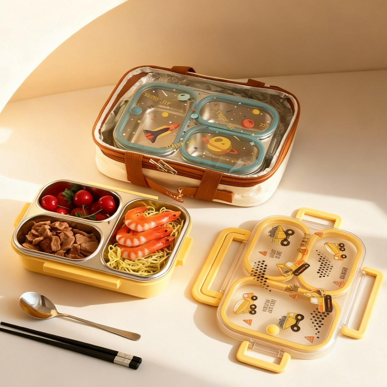 大容量漫画柄子供用ランチボックス、ハンドル付き、持ち運び可能 - Bento Box Two Tier のレビューと価格